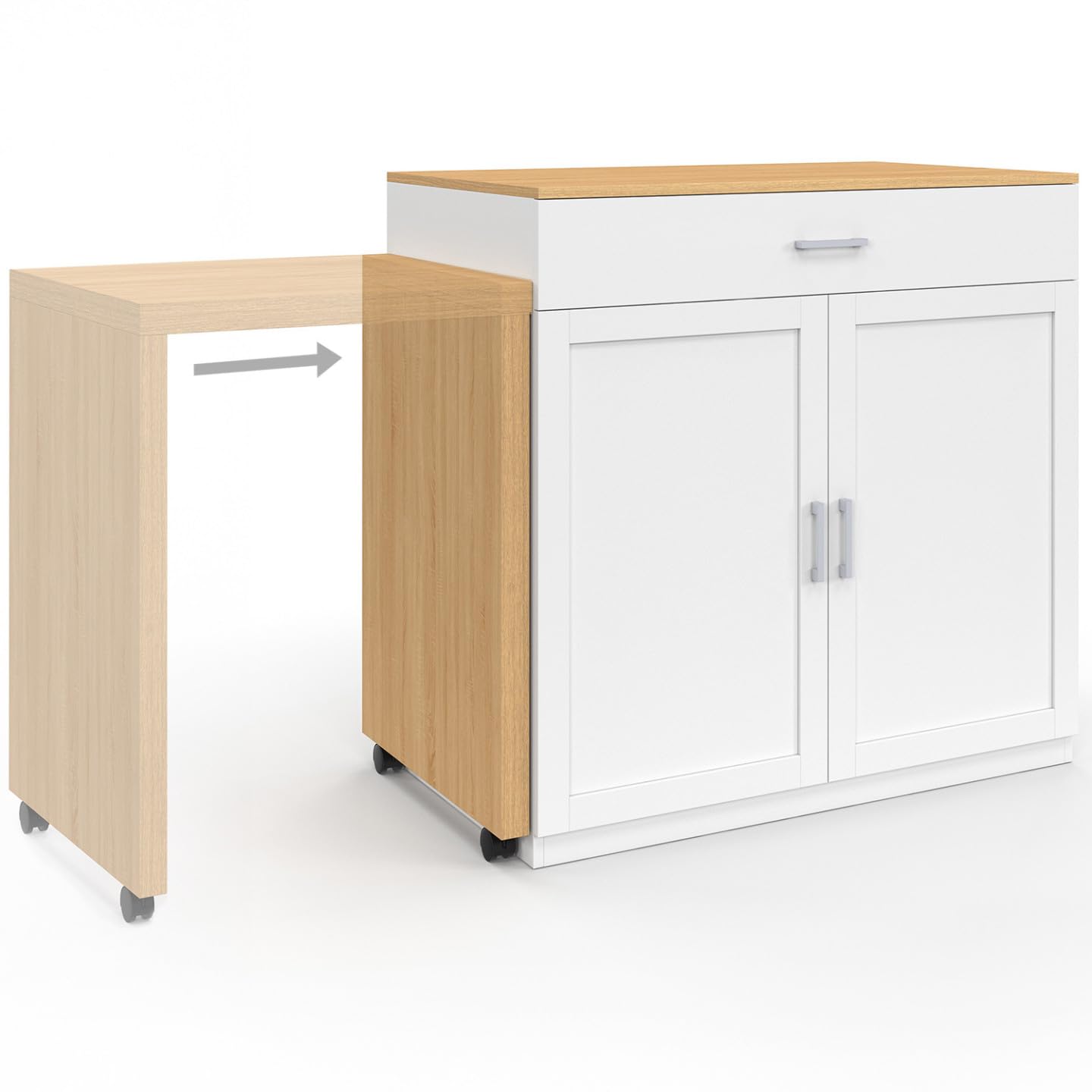 IDMarket - Ilot Central VITO 94-155 cm Bois Blanc avec Table à Manger Extensible intégrée façon hêtre