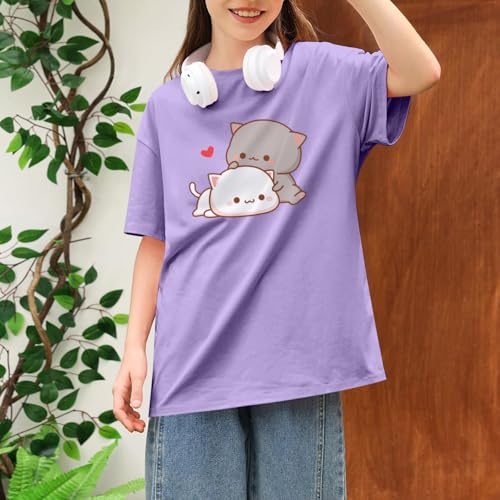 Image of KEEVICI Cute Cat Shirts for Girls Graphic Tees Kids Kawaii Cartoon Animal Print T Shirt Summer Cotton Short Sleeve Tops