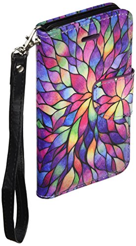 GALAXY WIRELESS Wrist Strap Flip Folio [Kickstand Feature] Pu Leather Wallet Case with ID and Credit Card Slot for iPhone 7 - Rainbow Flower