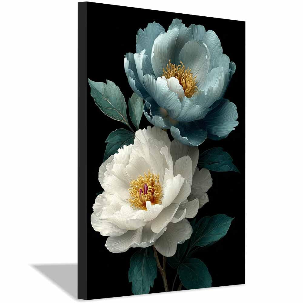 Xeniou Multicolor Flowers Canvas Teals Whites Peony Canvas Wall Art, For Living Room Bedroom Restaurant Home Office Wall Decoration(Multicolor)-60X90cm Framed