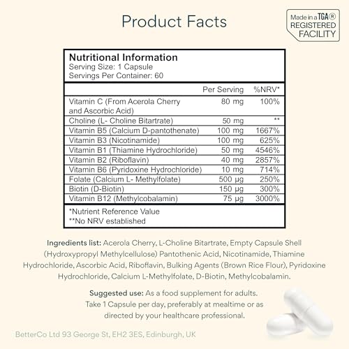 Bettervits Vitamin B-Complex High Strength - Vitamins B1, B2, B3, B5, B6, B12 | Immune Support with Choline, Biotin, Folate, Vitamin C - Daily Energy and Metabolism for Men and Women - 60 Capsules - Image 5
