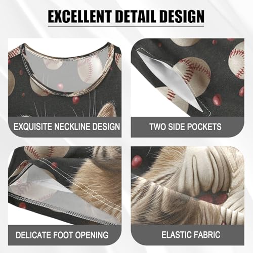 ALAZA Baseball Cat Kitten Black Pajamas Set Short Sleeve Cotton Sleepwear Summer Pjs 2 Piece 5-14Y4