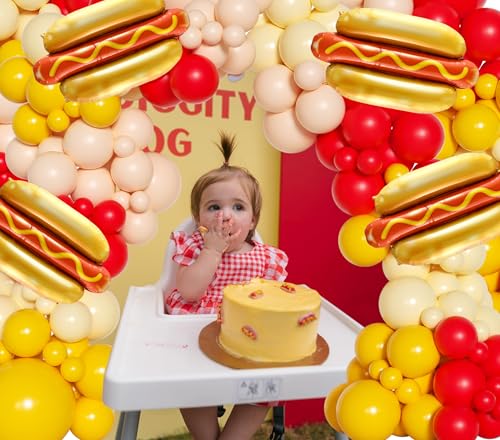 Image of Cute Hot Dog Balloon Garland Arch Kit,151PCS Red and Yellow Balloons, Creative Theme for Baby Shower Gender Reveal Boy Girl Birthday Party Decorations
