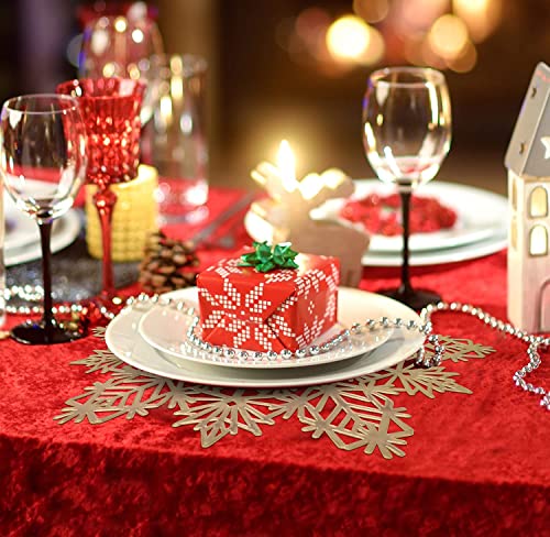 Christmas Snowflake Place Mats Set Of 4 Festive Gold Metallic Vinyl Table Mat Washable For Holiday Dinner Table Top Doilies Decorations 15” Diameter Hollow Out Non-Slip For Decor Wedding Accent #TOP3