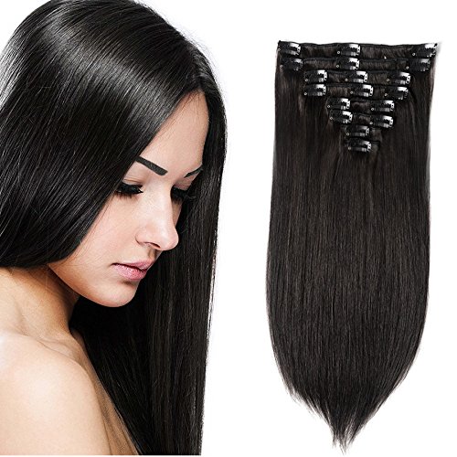 Perstar Clip in Hair Extensions Remy Human Hair for Women 8A Quality Silky Straight Human Hair Clip on Extensions Double Weft 8pieces 18 clips(14 inch, 1B Natural Black)