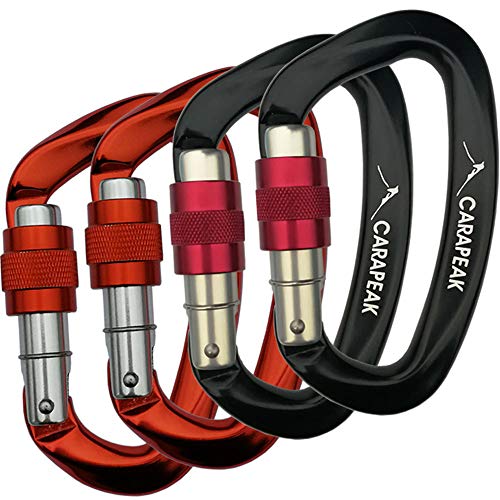 CARAPEAK 25kN Heavy Duty Screwgate Locking Rock Climbing Carabiner Set, 4 Pack Snag-Free