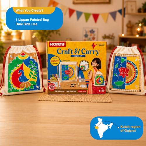 Image of Kores Craft & Carry Lippan Art Kit for Kids | DIY Indian Art Canvas Bag Painting Kit | Dual-Sided Drawstring Bag | Acrylic Colours, Sketch Pens, 3D Liner, Beads, Fabric Glue & Manual | Age 6-99