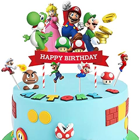 WELL BUY 5pcs Super Mario Cake Toppers Super Mario Cupcake Toppers 2 Side , Super Mario Happy Birthday Party Supplies Cake Decorations for Super Mario fans, Kids Birthday Party Cover