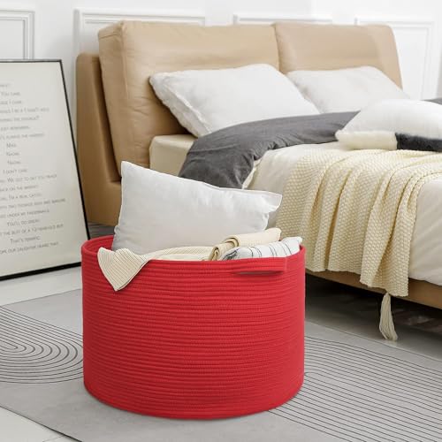 Image of MEGASKET Extra Large Red Basket for Organizing, 22 inch X 22 inch X 14 inch Woven Cotton Rope Bins for Blankets, Baby Nursery Wicker Laundry Basket, Kids Dog Toy Storage Box, Big Red Living Room Decor Organizer