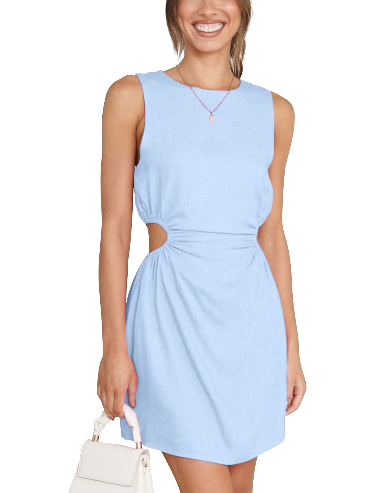 Kissonic Womens Cut Out Dress Summer Bodycon Sleeveless Crew Neck Hollow Mini Short Dress Casual