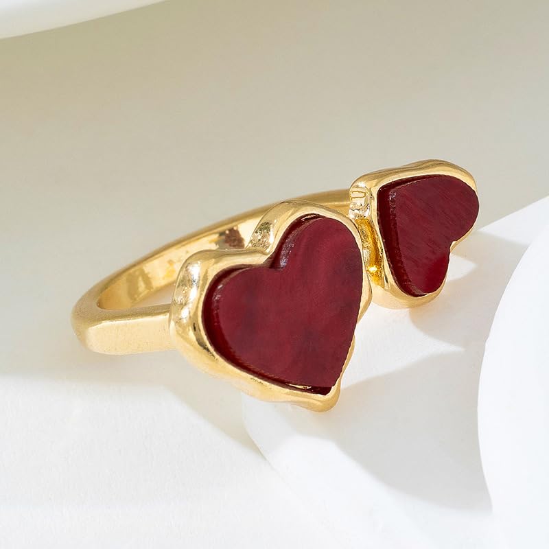 Retro red heart open adjustable ring for women simple asymmetric heart-shaped finger ring fashion Gold Plated Wedding Eternity Promise Engagement Jewelry