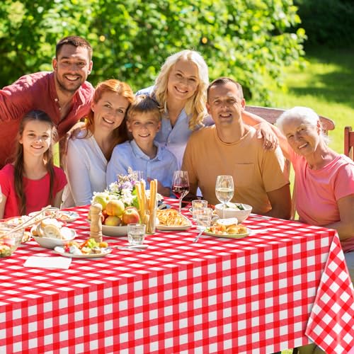 Image of 6 Pack Red and White Plastic Checkered Tablecloth, Premium Decorative Disposable Red Gingham Plaid Table Cloths for Parties, Rectangle Party Table Cover for Picnic Farm Birthday Wedding, 54x108 Inch