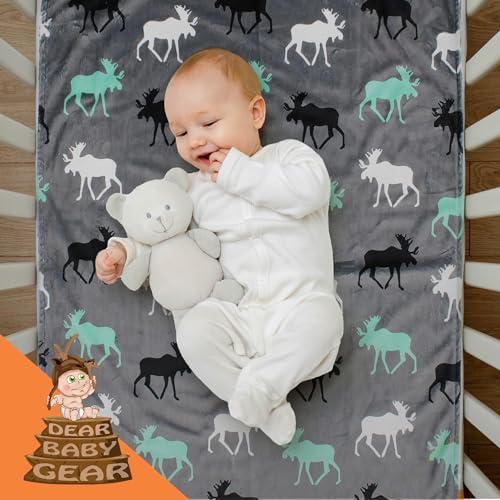 Image of Dear Baby Gear - Reversible Baby Blankets - Soft Nursery Blanket for Newborn - Toddler Blankey - Throw Blanket for Boys & Girls - Infant Blankets - 40x30 inch (White Gray and Mint, Moose)