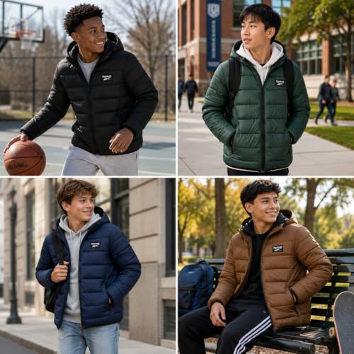 Image of Reebok Boys Winter Coat - Lightweight Insulated Puffer Jacket - Wind & Water Resistant Quilted Hooded Winter Jacket for Boys