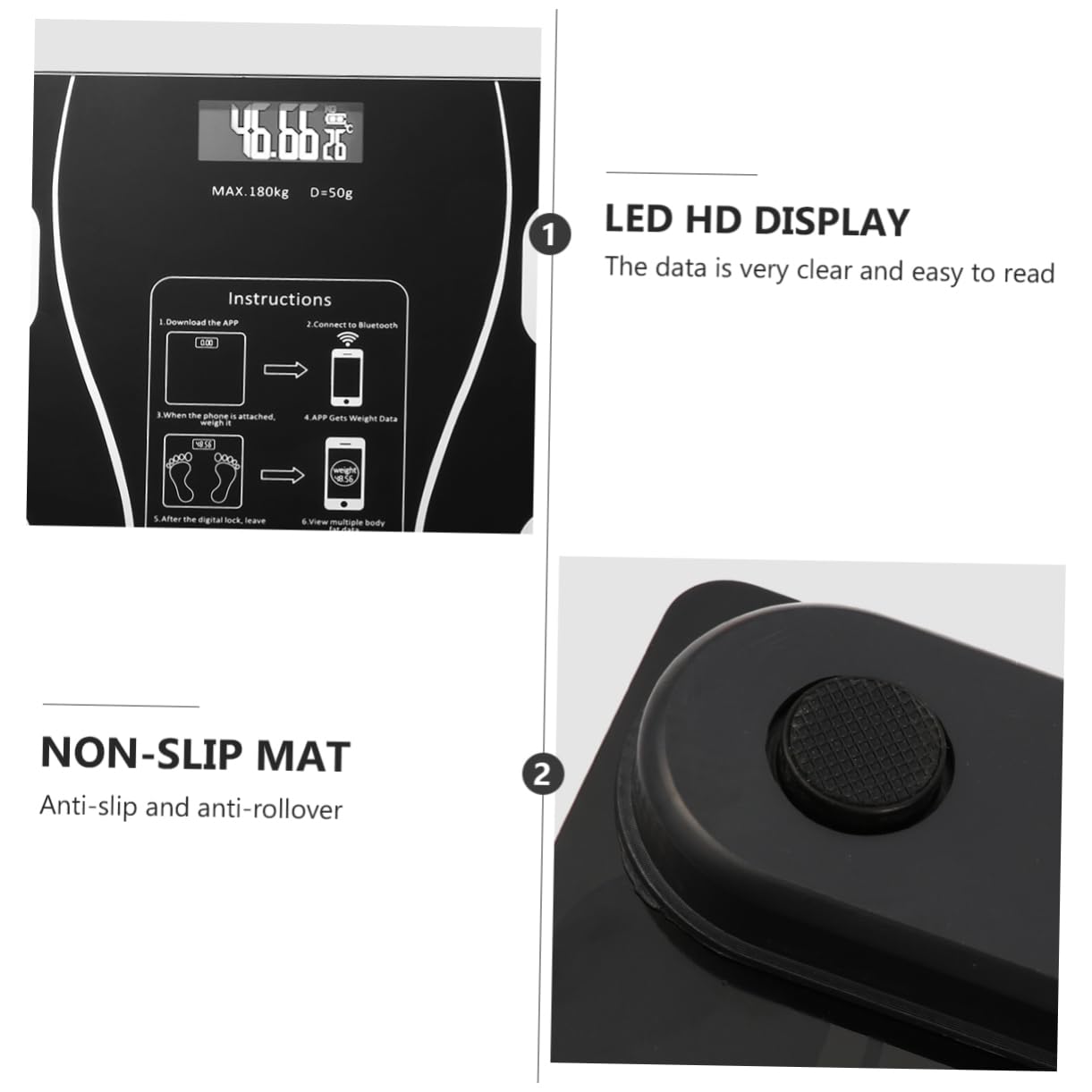 COLLBATH Báscula Inteligente de Peso Corporal Recargable por USB Pantalla LED Grande y Material Abs y Vidrio, Capacidad de 0.1kg a 180kg para Uso Doméstico