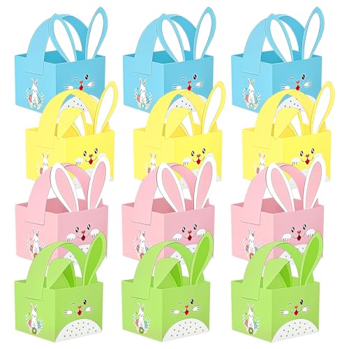 Lot de 12 Panier Paques Enfant en Papier, Panier de Paques Enfant avec Motif Lapin de Pâques,...