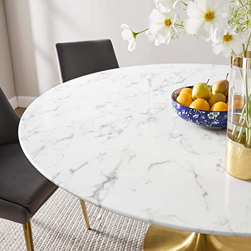 Image of Modway Lippa 60 inch Mid-Century Dining Table with Round Artificial Marble Top in Gold White