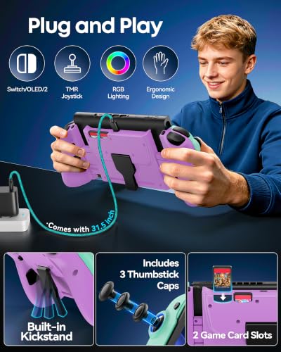 Image of Switch 1 / 2 Controller for Original / OLED / Switch 2 Console,Stretchable Switch Handheld Joypad Ergonomic Grip for Nintendo Pro Controller with RGB Lighting, TMR Joystick, Turbo, 4 Macro,Green & Purple