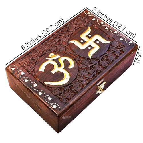 Image of Wooden OM Box for Good Luck| Jewellery Box| Decorative Case| Kit| Vanity| Organiser For Women, Necklaces, cash, gold (8X5 Inches, Galaxy)