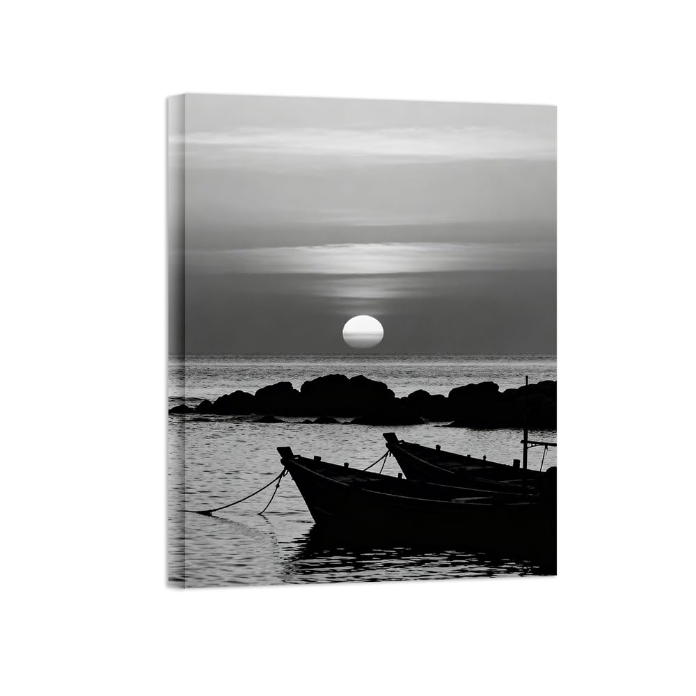 OZPWBVY Black and White Landscape Print Painting-Sea Boat-Minimalist Canvas Wall Art Picture for Home Ready to Hang 24x31in 60x80cm Wrapped Canvas