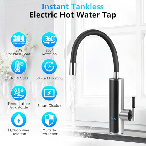 Wasserhahn mit Durchlauferhitzer Küche, 230V 3000W Sofortiger Warm Elektrischer Wasserhahn mit LED Temperaturanzeige und Flexibler Auslauf, 360º Drehung, für Küche, Bad, Wohnwagen, Schwarz