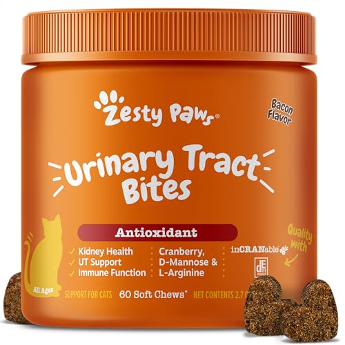 Zesty Paws Cranberry Urinary Tract Bites for Cats - Kidney & Urinary Tract Health - Soft Chews with D-Mannose Vitamin B6 & L-Arginine - Immune & Gut Support - Bacon - 60 Count