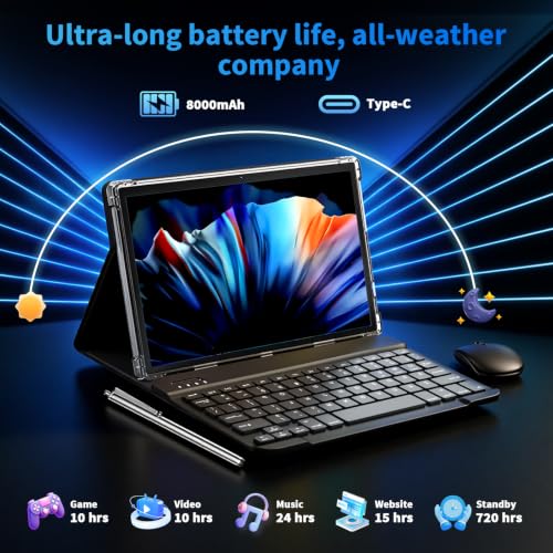 Image of 2026 Android 16 Tablet with Keyboard, Gemini AI, 10 inch Tablet with 26GB+256GB+2TB Expand, Electronic AI Tablet with 8-Core, 5G WiFi, 8000mAh, GPS, 2in 1 Tablet PC with Case, Mouse, Stylus (Black)
