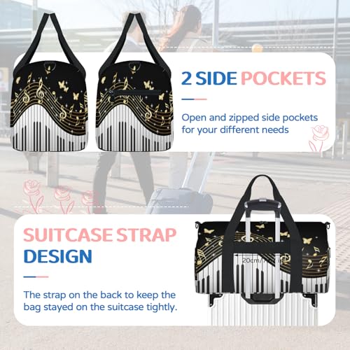 Piano Keyboard Music Note Sports Duffle Bag for Women Men Waterproof Overnight Weekender Bag with Adjustable Strap Travel Tote Bags for Beach Yoga Work Dance Swim4