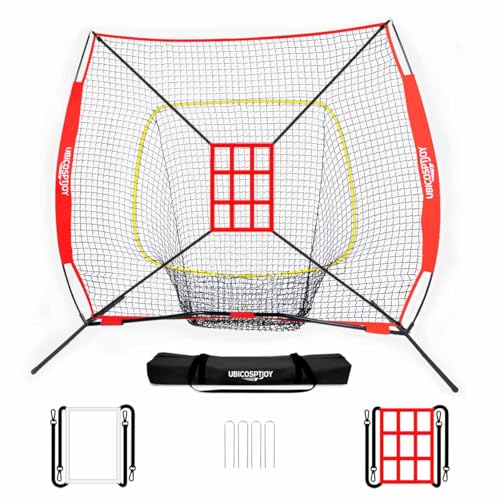 UbiCoSptJoy 7x7 ft Baseball & Softball Practice Net with Strike Zone Targets & Carry Bag – Heavy Duty Training Net for Hitting, Pitching & Fielding – Includes 9-Pocket & Framed Target + Ground Stakes