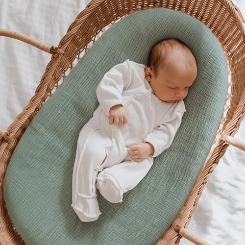 Spannbettlaken Kinderwagen 2er-Pack,Kinderwagen Matratzenbezug für Neugeborenes 100% Musselin-Baumwolle Moseskorb Stubenwagen Spannbetttuch Bezug Grün 83 x 43 cm