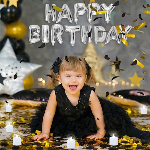 Image of Black and Silver Happy Birthday Balloons Decorations Happy Birthday Letter Balloons Banner with 24pcs Flameless LED Candles and 2000pcs Artificial Rose Petals for Women Men Room Party Decor