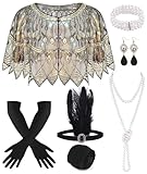 PLULON 8 Pcs 1920s Flapper Accessories Set for Women, Great Gatsby Dresses Sequin Shawl Wraps Roaring 20s Dresses for Party with Feather Headband