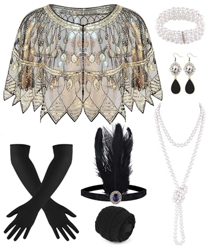 PLULON 8 Pcs 1920s Flapper Accessories Set for Women, Great Gatsby Dresses Sequin Shawl Wraps Roaring 20s Dresses for Party with Feather Headband