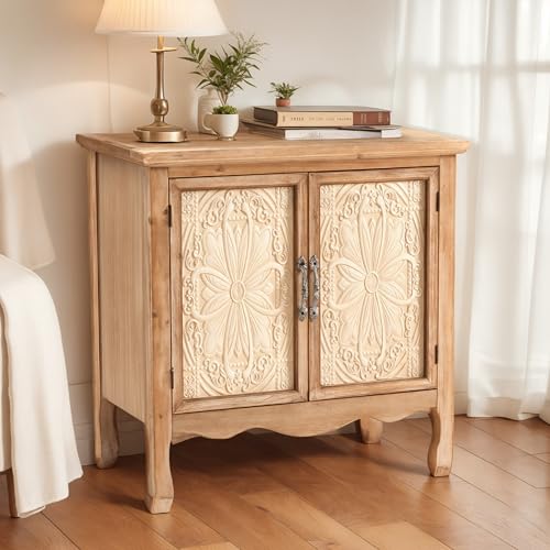 Image of RoyalCraft Sideboard Buffet Kitchen Storage Cabinet, Solid Wood Credenza Accent Cabinet, Cupboard Console Table with 2 Craved Decorated Doors for Dining Room, Living Room, Hallway (Natural)
