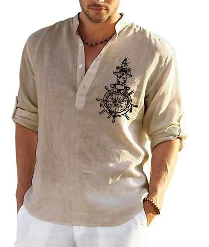 Camicia Henley A Maniche Corte Stampa Digitale 3d In Denim A