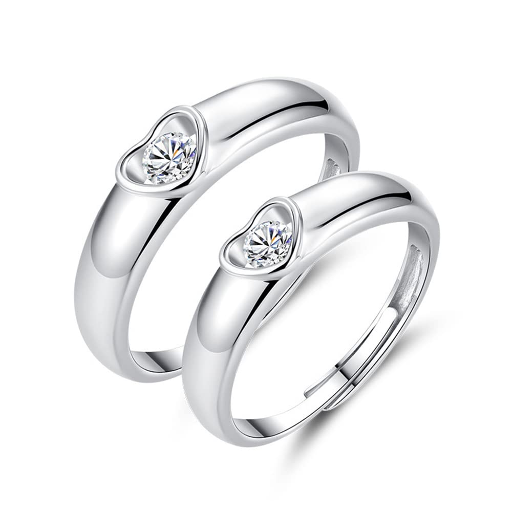 KokomaDiamond Heart Couples Matching Rings for Him and Her 925 Sterling Silver Crystal Love Heart Engagement Promise Rings Open Statement Rings Wedding Eternity Bands Adjustable Dainty Jewelry Gifts