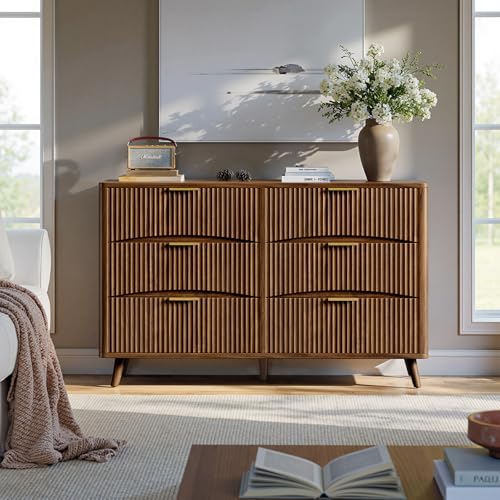Image of Evermagin 54 inch Wide Fluted 6 Drawer Dresser, Mid Century Modern Curved Dresser, Light Wood Chest of Drawers for Bedroom, Living Room and Entryway, Walnut