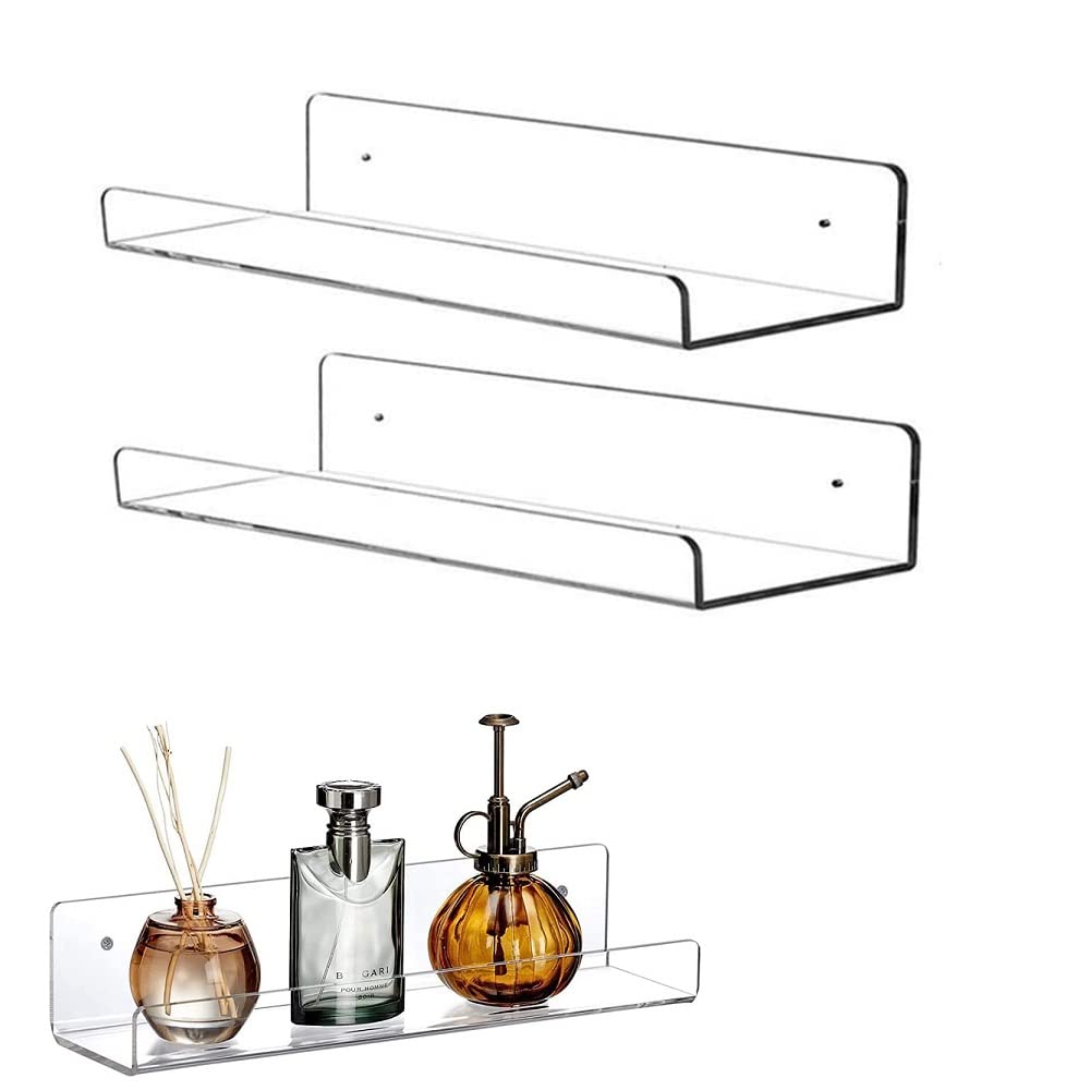 Floating Shelves Shelf, 2 PCS Clear Acrylic Wall Shelves Acrylic Bathroom Shelves Wall Mounted Floating Bookshelf Picture Ledge Shelf Invisible Floating Storage Rack for Kitchen- 38cm/15 inch