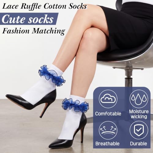 Image of Geyoga 3 Pairs Women Big Ruffle Socks Turn Cuff, Double Lace Ankle Cotton Frilly Socks for Ladies Summer