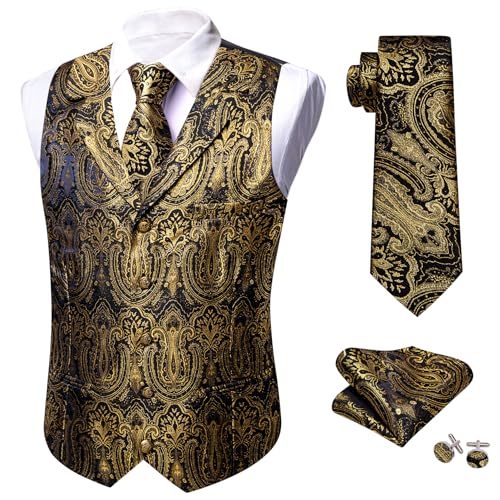 Image of Barry.Wang Mens Silk Lapel /Shawl Collar Vest Tie Sleeve Holder Set Formal /Casual Paisley Vests Wedding Tuxedo Waistcoat