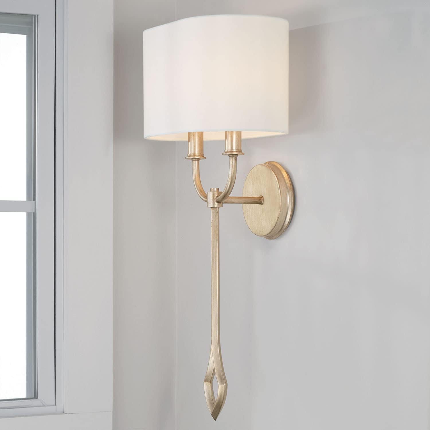 Claire Brushed Champagne 2-Light Wall Sconce with White Fabric Shade