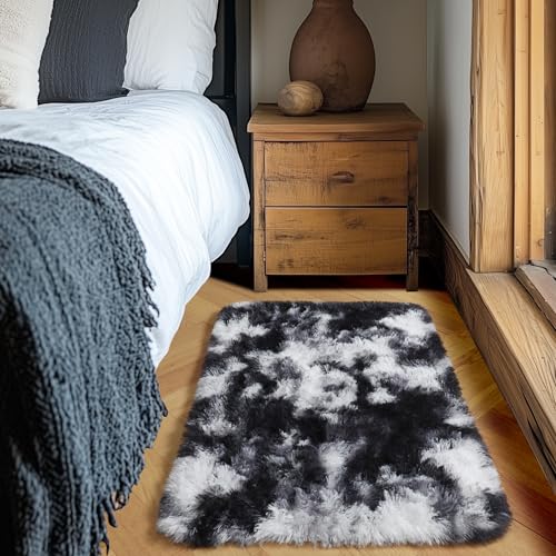 Amdrebio Black White Grey 2x3 Small Area Rugs for Bedroom Living Room Decor, Mini Fluffy Shag Modern Cool Rug for Kids Room Dorm Home Office, Shaggy Throw Furry Plush Floor Carpet for Teen Boys Men