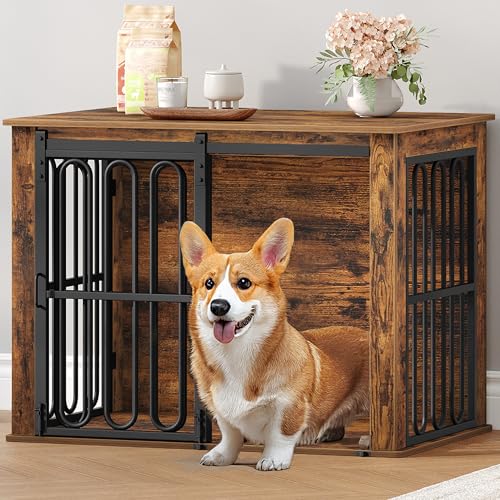 HEXCELEN Hundekäfig-Möbel aus Holz, 81 cm Hundebox für Zuhause, Hundekäfig mit 2 Türen, Schiebetüren, für Kleine, Mittlere Hunde, Robuster, Beistelltisch, 81 × 55 × 62,4 cm, Braun