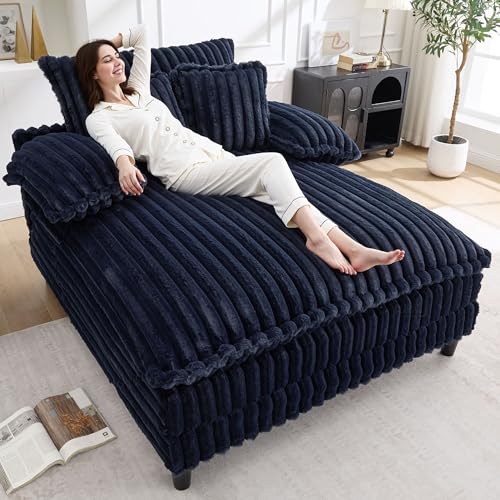 Image of WESTSETLUX 54.8 inch W Oversized Chaise Lounge Chair Indoor with 5-Position Adjustable Backrest, Plush Sleeper Sofa Bed with Pillows, Upholstered Cloud Couch Chair for Living Room, Study Room, Navy Blue