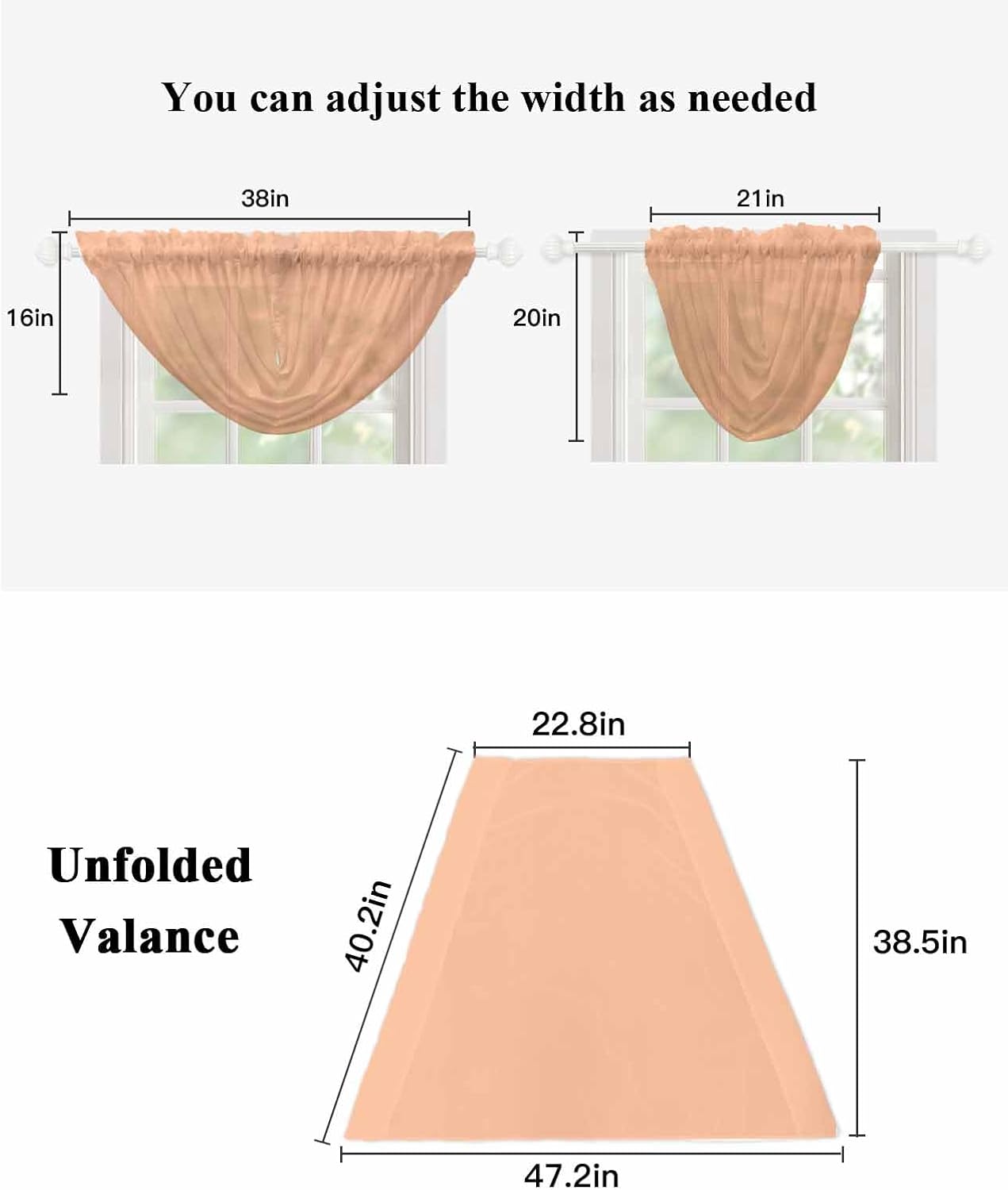 Waterfall Valances for Windows Peach Fuzz Pink Swag Valance Curtains Solid Color Sheer Valance Window Treatment for Living Room Kitchen Bedroom Bathroom Rod Pocket Curtain Drape 3 Panels
