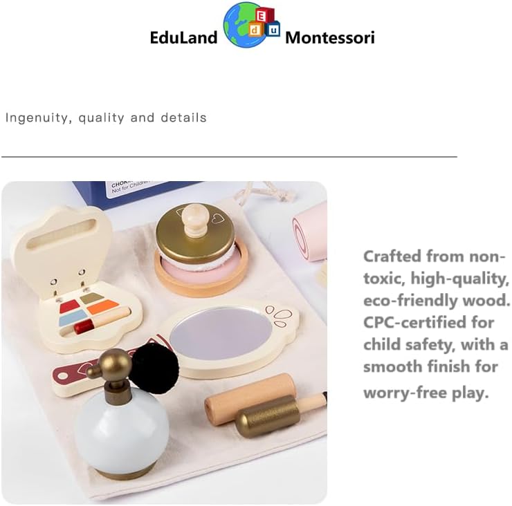 Miniatura 8 de Practical Life Care of Self - Juego de juguetes de maquillaje de madera, 12 piezas para niñas, imaginativo, juego de simulación, bolsa de belleza,