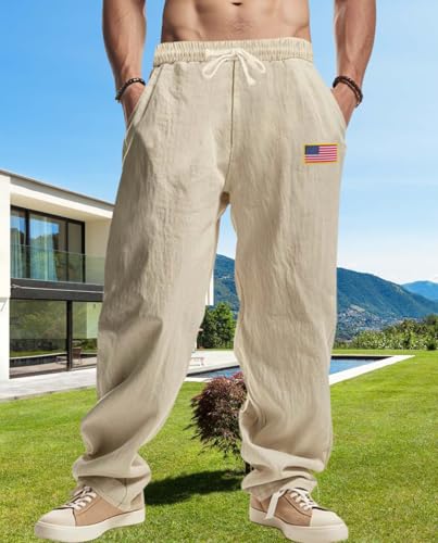 Mens Linen Casual Pants American Flag Graphic Splicing Hip Hop Trousers Drawstring Wide Leg Pants with Pockets4