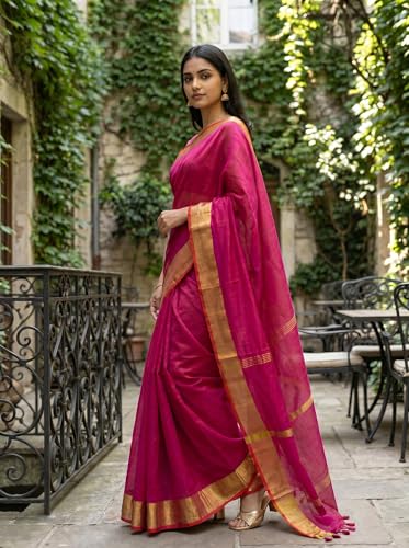 Image of Cotton Silk Sarees with zari border l Solid color cotton silk sarees for women l Bengal Handloom cotton sarees.