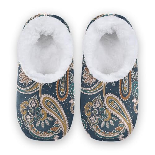 Naanle Women's Slippers Traditional Indian Paisley Slippers Fuzzy Fur Comfy Fleece Warm Bedroom Shoes Home Slippers