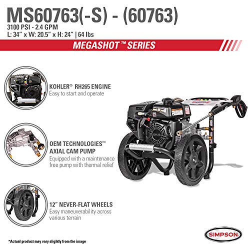 SIMPSON Cleaning MS60763-S MegaShot Gas Pressure Washer Powered by Kohler RH265, 3100 PSI at 2.4 GPM